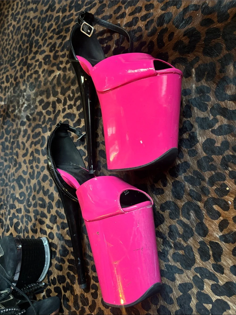 Pleaser Platform Peep-Toe Heels in Hot Pink with Black Ankle Strap 8 Inch